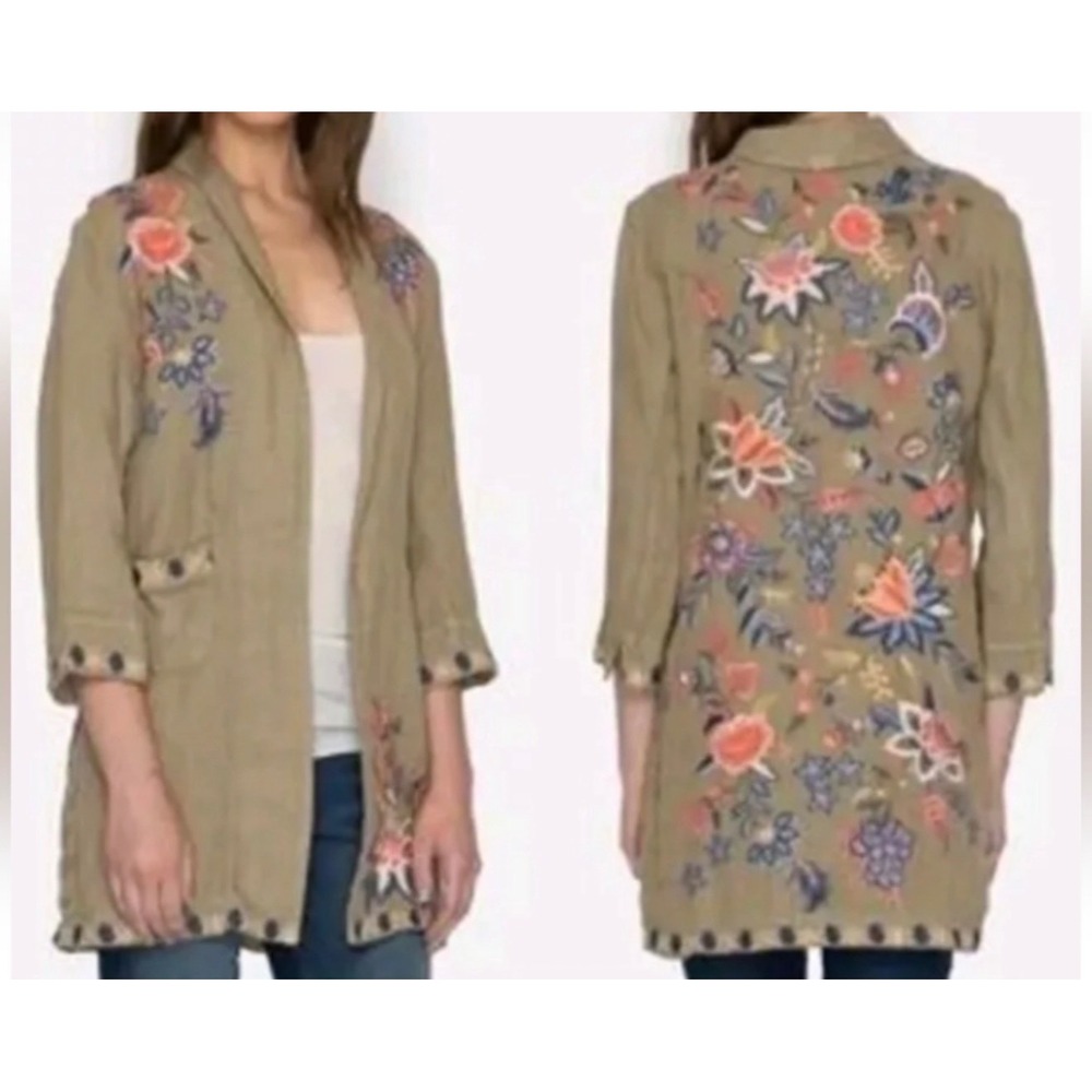 Johnny Was Tiwa Linen Floral Embroidered Coat Petite Small Khaki PS J42317-DP